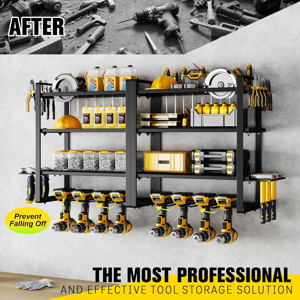 Power Tool Organizer Wall Mount - Storage Rack with 4 Drill Holders for Drills Cordless Tools. Heavy Duty Iron Garage Tool Organizer Storage for Workshop Shed (4 Slots 4 Layers 2 Pack)