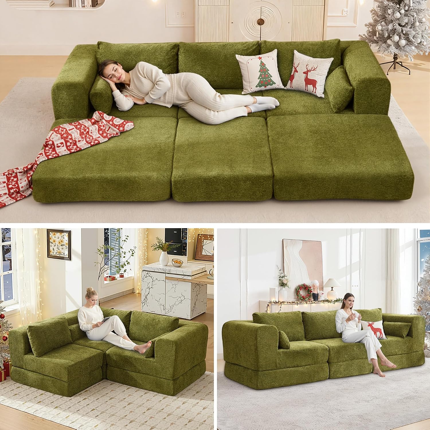 106" Chenille Folding Convertible Sleeper Sofa Bed, Green Pull Out Floor Modular Couch with Pillow, Memory Foam Boneless Couchs Sectional for Living Room Bedroom (3, Green)