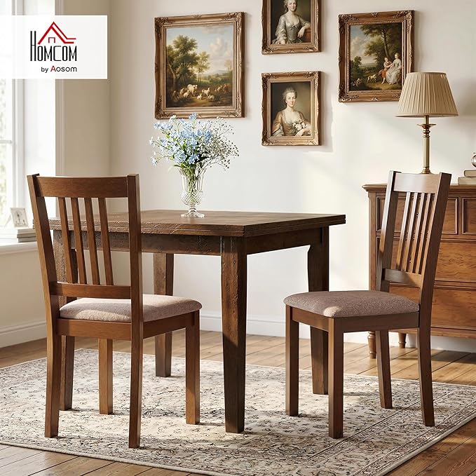 HOMCOM Dining Chairs Set of 2, Solid Wood Kitchen Chairs, Mid Century Modern Linen Fabric Upholstered for Dining Room, Living Room, Walnut Frame and Taupe Upholstery