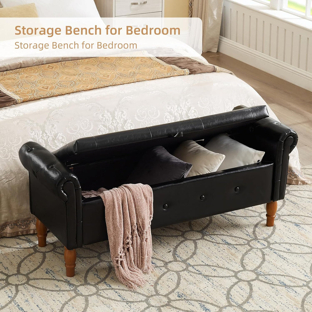 Storage Ottoman Bench, 50" Modern Upholstered End of Bed Bench, Faux Lea...