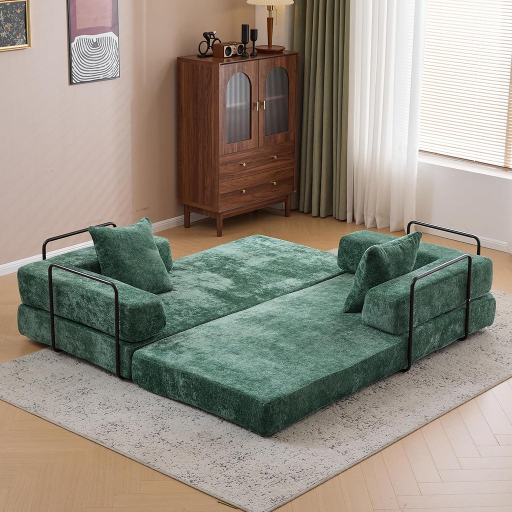 ZEIINPA Convertible Floor Sofa Bed with Fixed-Shape Frame, Modular Chenille Folding Mattress Couch with Armrest, Floor Sofa Lounge Couch for Living Room Bedroom Lounge Studio, Dark Green