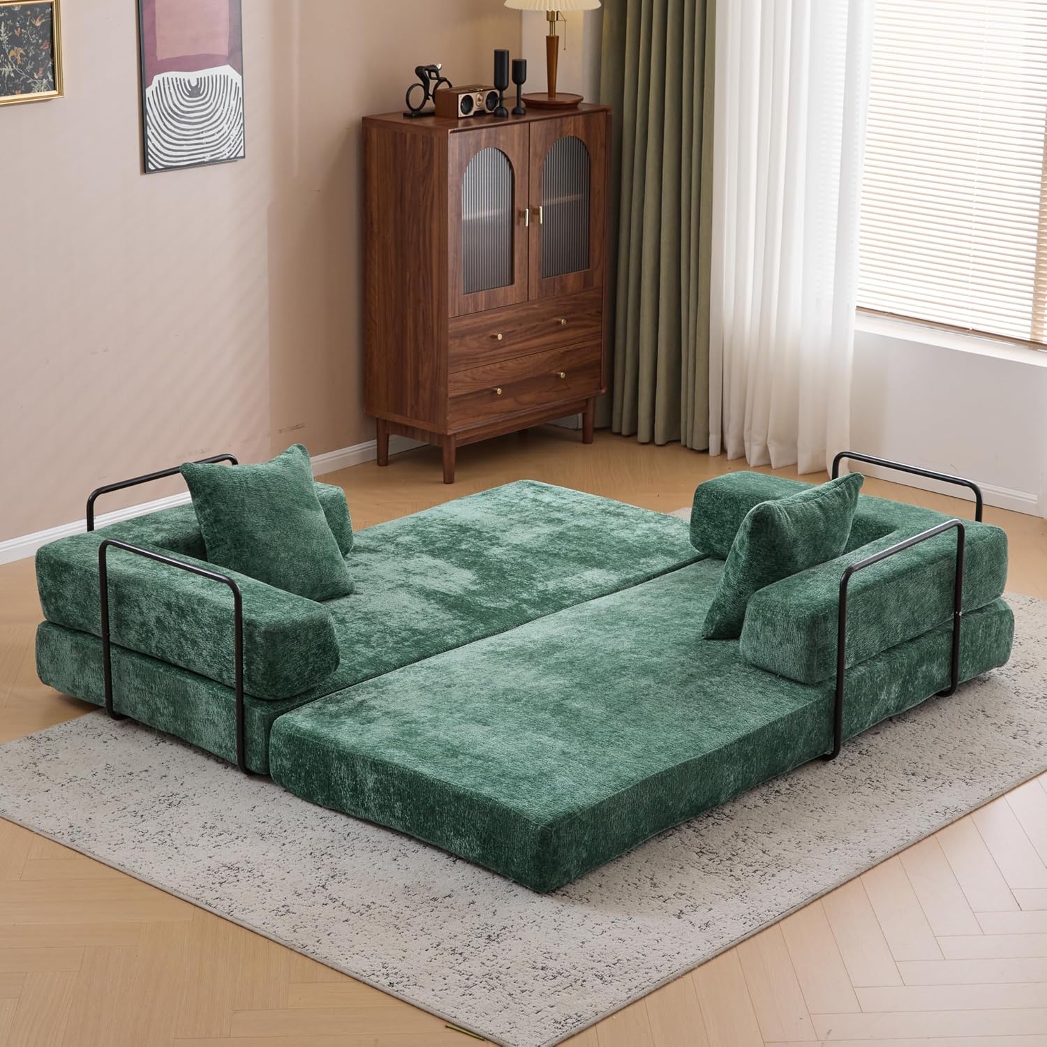 ZEIINPA Convertible Floor Sofa Bed with Fixed-Shape Frame, Modular Chenille Folding Mattress Couch with Armrest, Floor Sofa Lounge Couch for Living Room Bedroom Lounge Studio, Dark Green