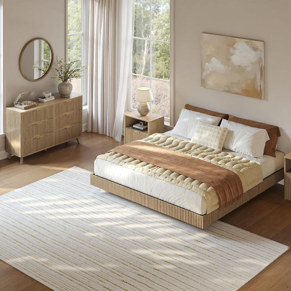 Evermagin King Bedroom Set, Fluted Floating Bed Frame & Nightstands, Oak