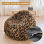 XeGe Faux Fur Leopard Print Bean Bag Chair Cover (No Filler), Fluffy Stuffed Animal Storage Cheetah Bean Bag Home Decor, Furry Fuzzy Big Beanbag Cover for Adults Teens Kids Girls, Anti-slip, Brown
