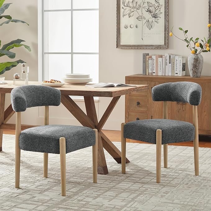VKNOW Wooden Dining Chairs Set of 2, Modern Upholstered Dining Room Chairs with Rubberwood Legs and Curved Backrest, Fabric Kitchen Chairs for Farmhouse/Living Room/Dining Room, Black
