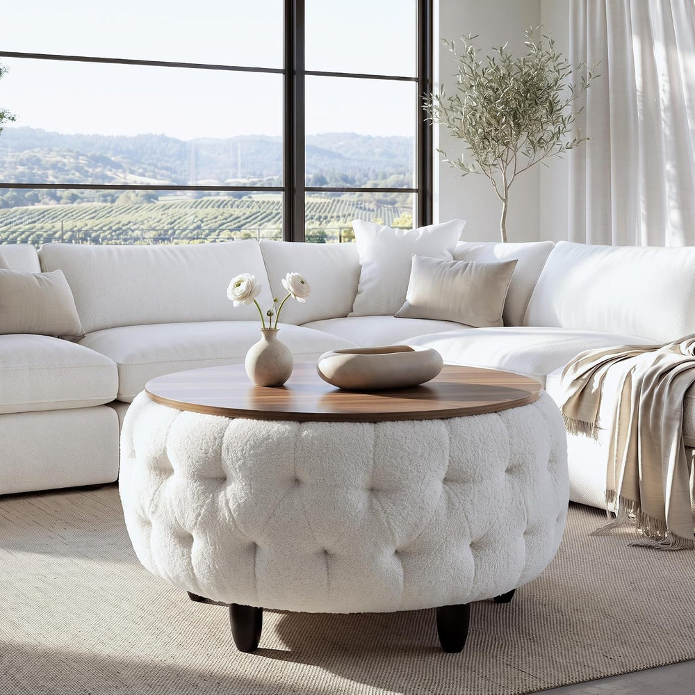 Large Round Storage Ottoman Coffee Table with Wooden Tabletop, 32 Inches Tedd...
