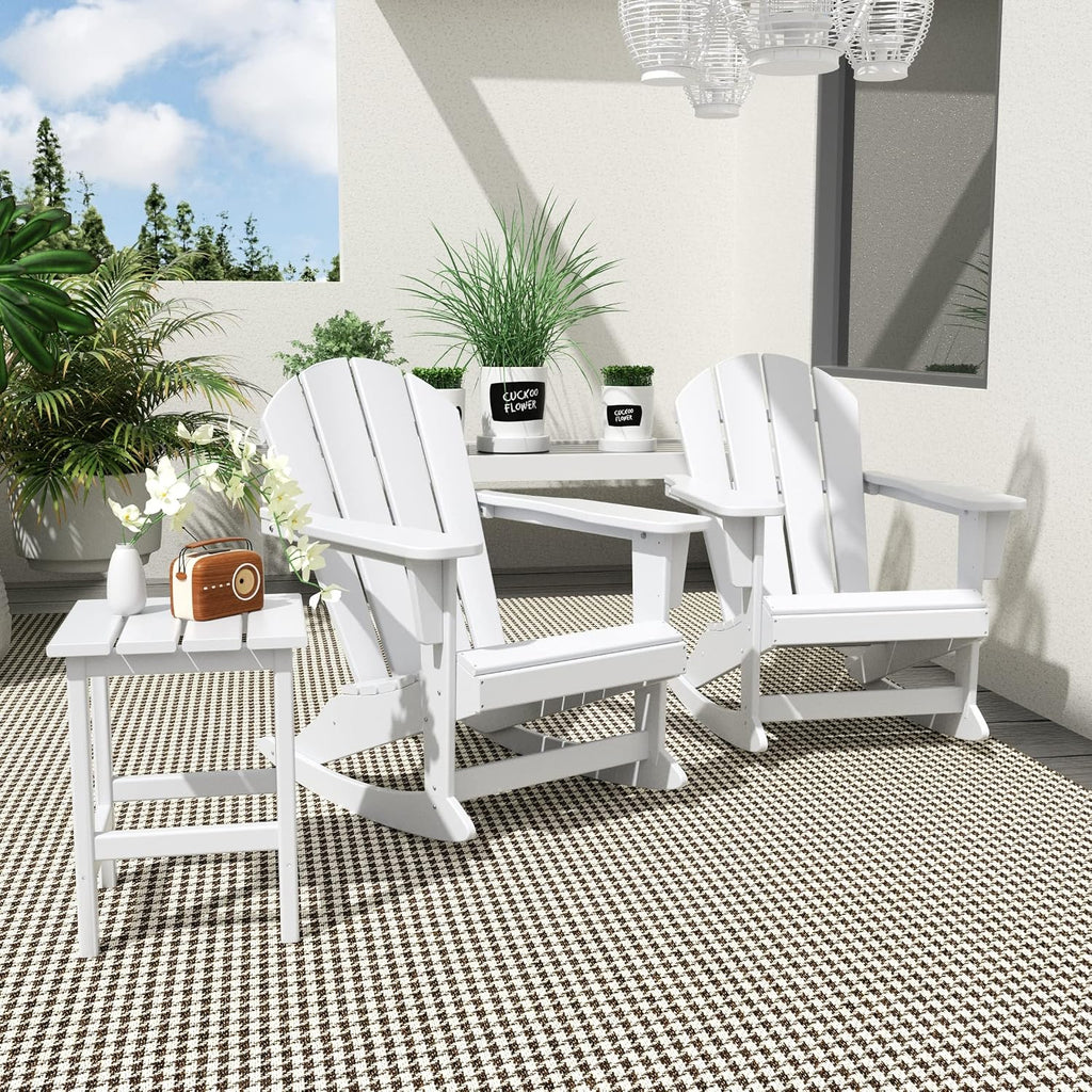HDPE Laguna Outdoor Rocking Poly Adirondack Chair with Side Table 3-Piece Set, White