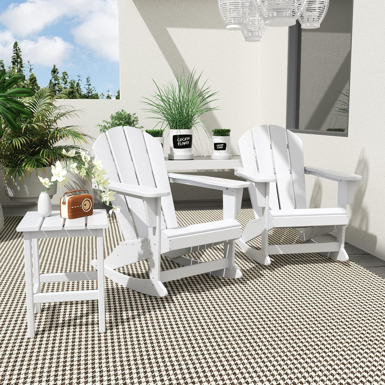 HDPE Laguna Outdoor Rocking Poly Adirondack Chair with Side Table 3-Piece Set, White