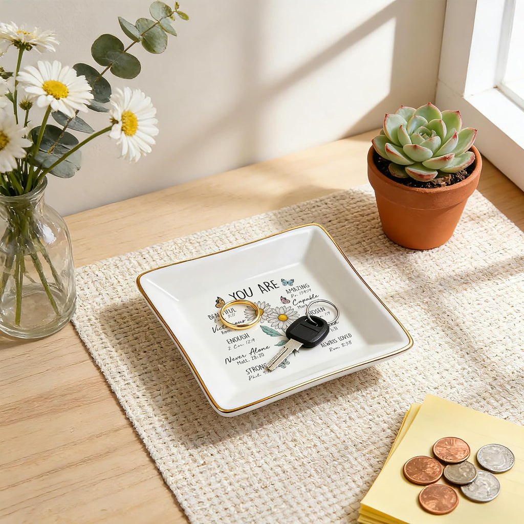 PUDDING CABIN Birthday Gifts for Women, Daisy Scripture Jewelry Dish, Christian Gifts