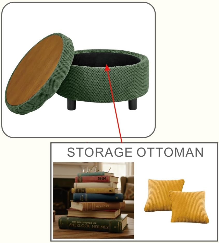 25Inch Round Storage Ottoman with Tray, ModernTufted Fabric Circle Coffee Tab...