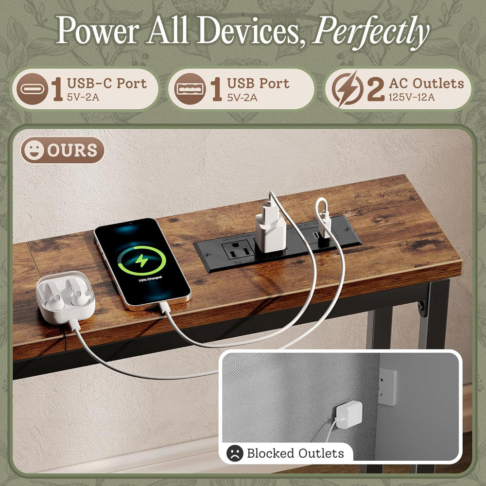 Huuger 118.1 Inch Behind Couch Table with 2 Power Outlets and USB-C Ports, Ex...