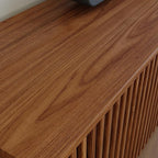 POVISON Full Assembled Mid Century Modern TV Stand, Wood Slatted Media Console for 75+ inch TV, Entertainment Center with Storage for Living Room, Low Cabinet with Removable Shelves