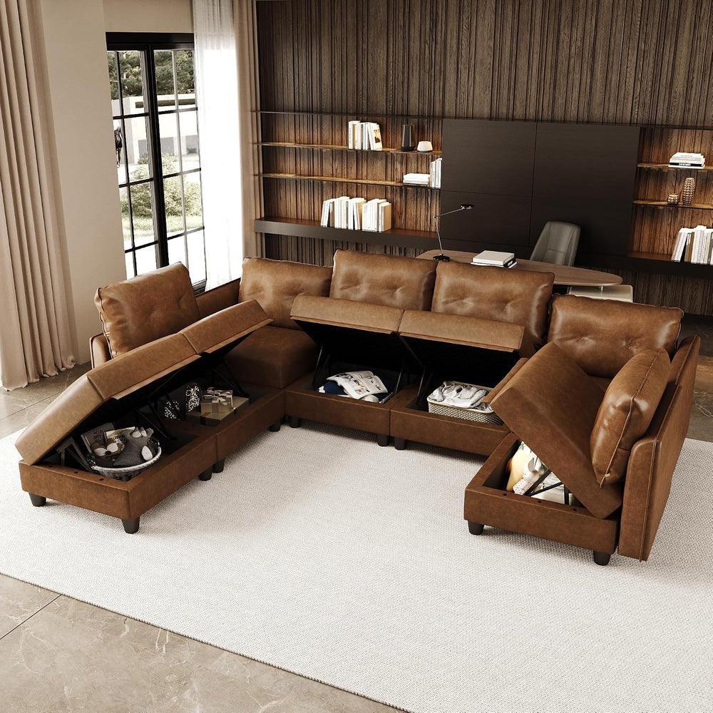 LLappuil 7-Piece U-Shaped Modular Sectional Sofa with Storage, Faux Leather C...