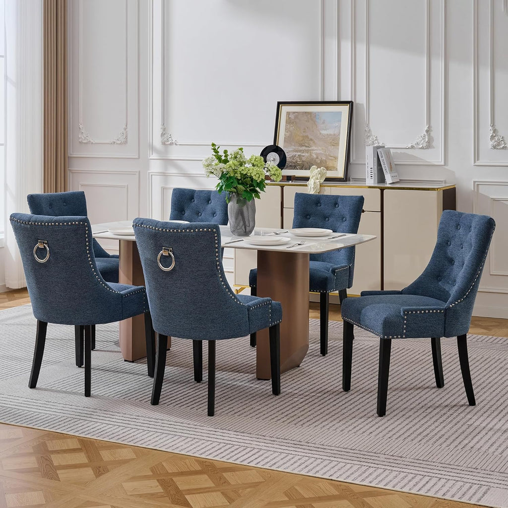 adochr Dining Chairs Set of 4, Upholstered Fabric Dining Room Chairs with Nailhead High Back & Ring Pull & Wooden Legs, Mid-Century Modern Kitchen Chairs for Restaurant, Living Room, Navy Blue