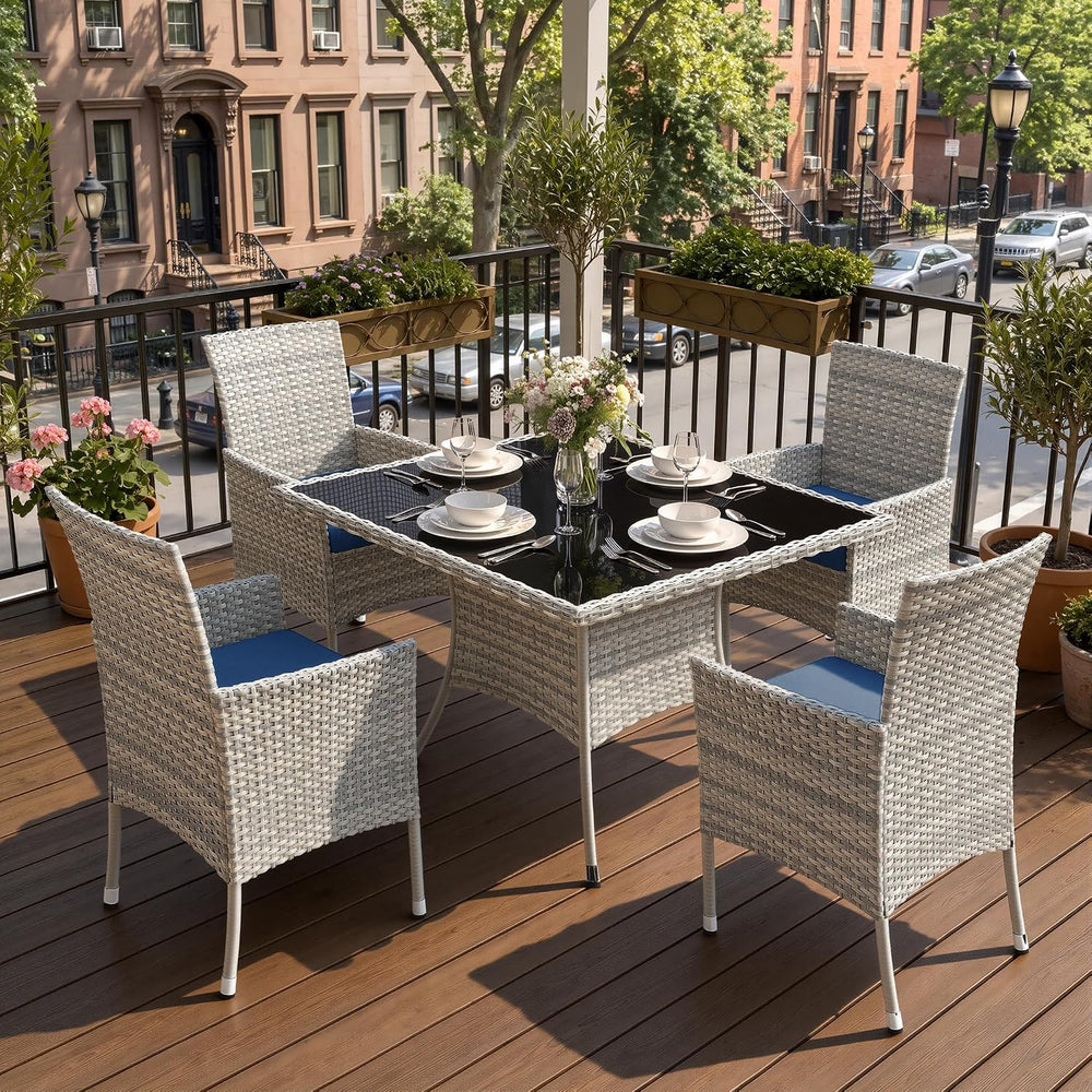 5-Piece Patio Dining, Set Patio Furniture Set Glass Table & 4 Wicker Chairs
