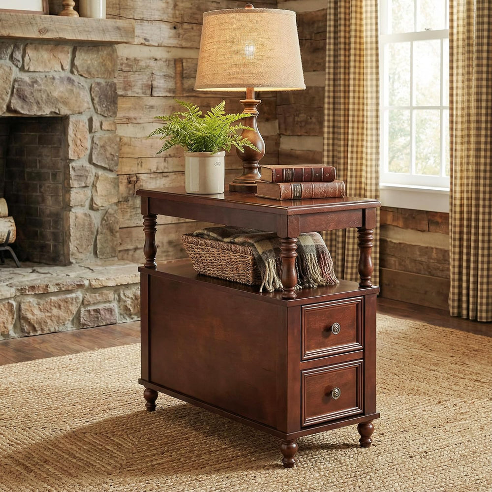 Tribesigns Wood End Table with 2 Drawers, Mid-Century Wooden Slim Side Table ...