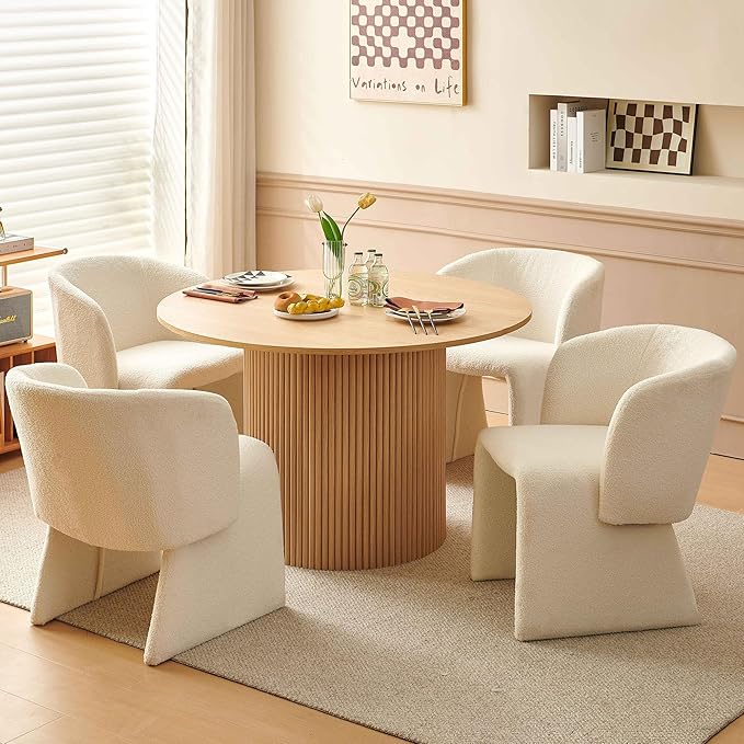 NORDICANA Barrel Dining Room Chairs with Arms, Faux Fur Accent Chairs Set of 4, for Kitchen, Living Room, Upholstered Armchairs, Off-White