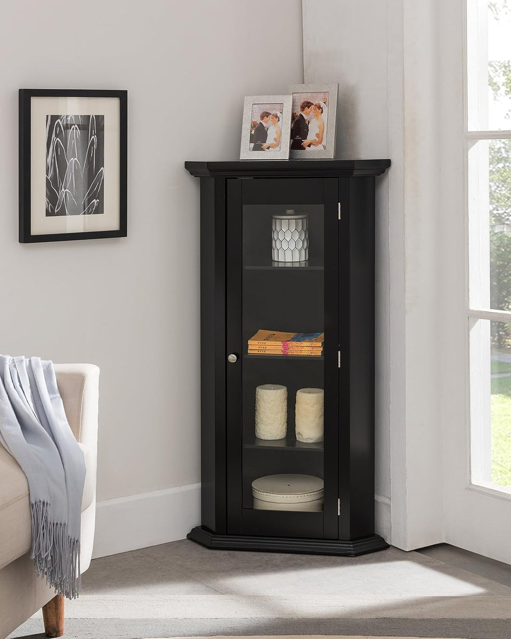 KB Designs - Corner Accent Display Wood Curio Cabinet, Black
