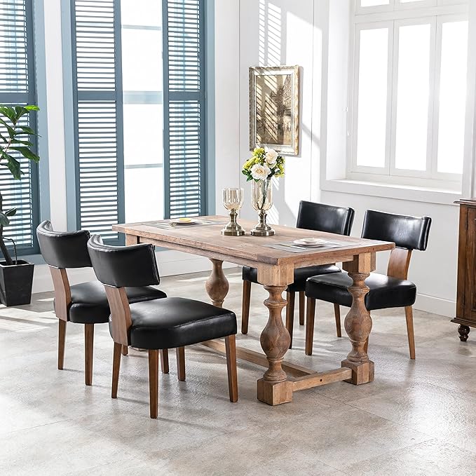 Mid Century Modern Dining Chairs Set of 6 PU Leather Upholstered Side Chairs, Modern Kitchen Armless Parson Chairs Solid Wood Dining Chairs, Black