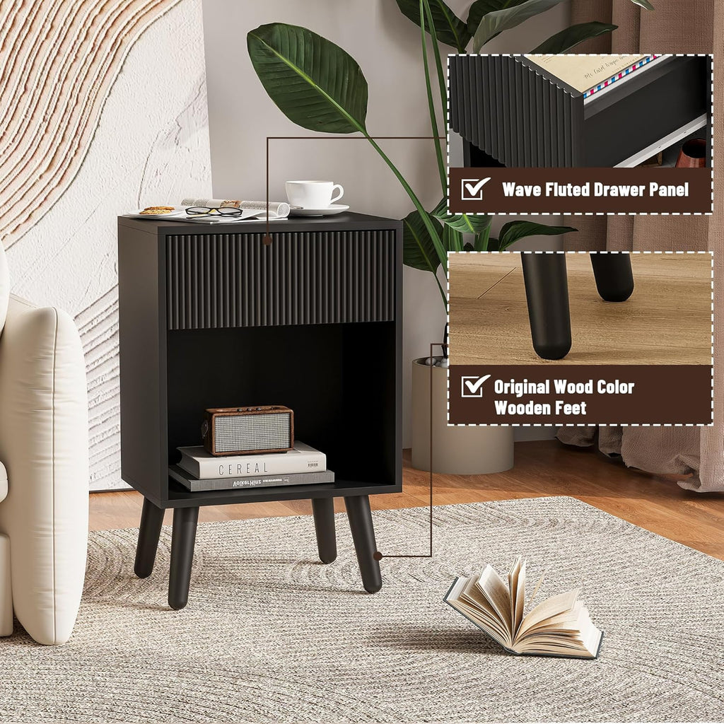 Nightstand, Modern Bedside Table with Storage Drawers and Open Wood Shelf, Night Stand with Solid Wood Legs, End Tables Side Tables for Living Room, Bedroom Black