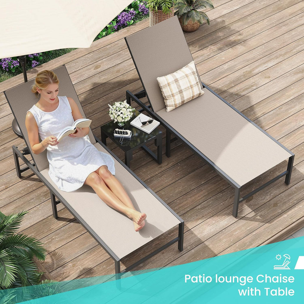 Amopatio Patio Lounge Chair Outdoor Chaise Lounge Set of 2 for Pool | with Side Table Weather Resistant 5-Position Adjustable Backrest Heavy Duty Steel Frame 400 LBS Capacity;Khaki