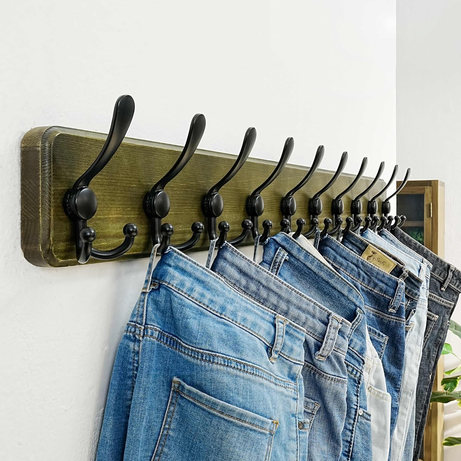 Dseap Coat Rack Wall - Heavy-Duty 38-1/4" Long, with Reinforced 10 Custom Tri-Hooks, Solid Wood Wall Hanger for Coats Hat Jackets - Rustic Farmhouse Entryway Storage,Weathered Green & Black,Pack of 2