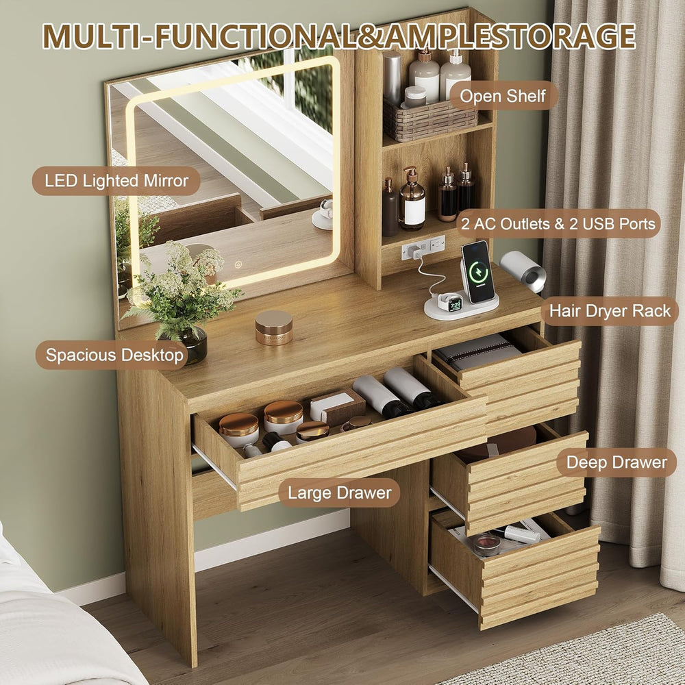 Vanity Desk with Lights, Fluted Vanity with 4 Drawers, Open Shelves, Power Ou...
