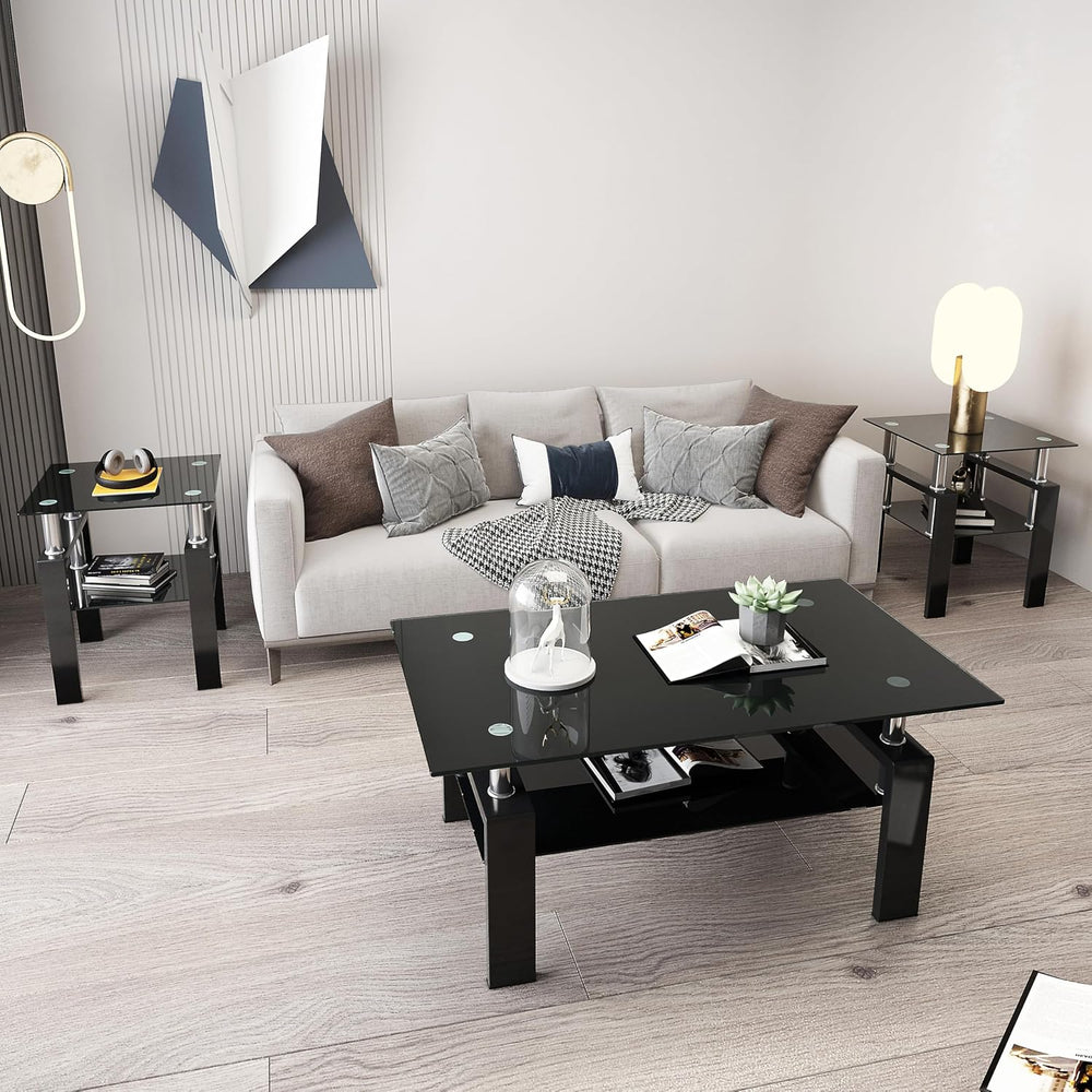 Glass Coffee Table Sets of 3 for Living Room, Mordern End Table Sofa Side Tab...