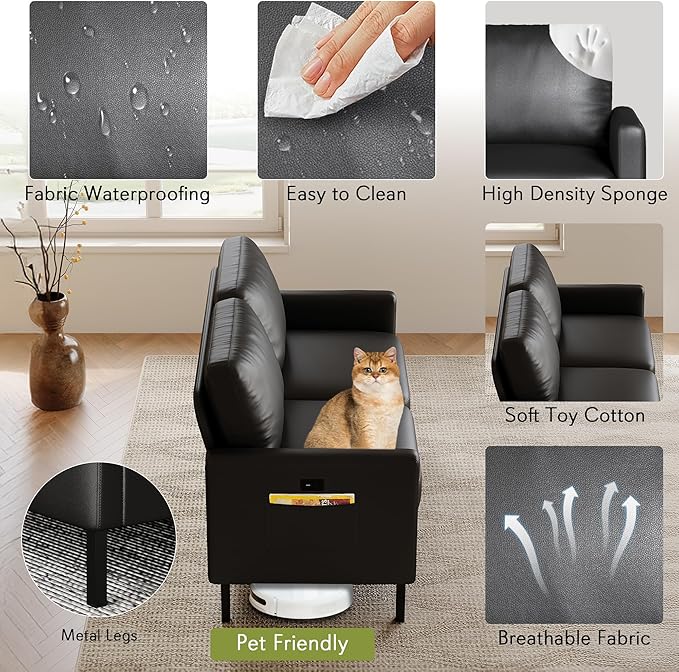 STHOUYN 56" W Faux Leather Loveseat w/ 2 USB, Black Love Seat w/Side Pockets, Small Loveseat for Small Space, Leather Couch for Bedroom, Apartment, Dorm, Black