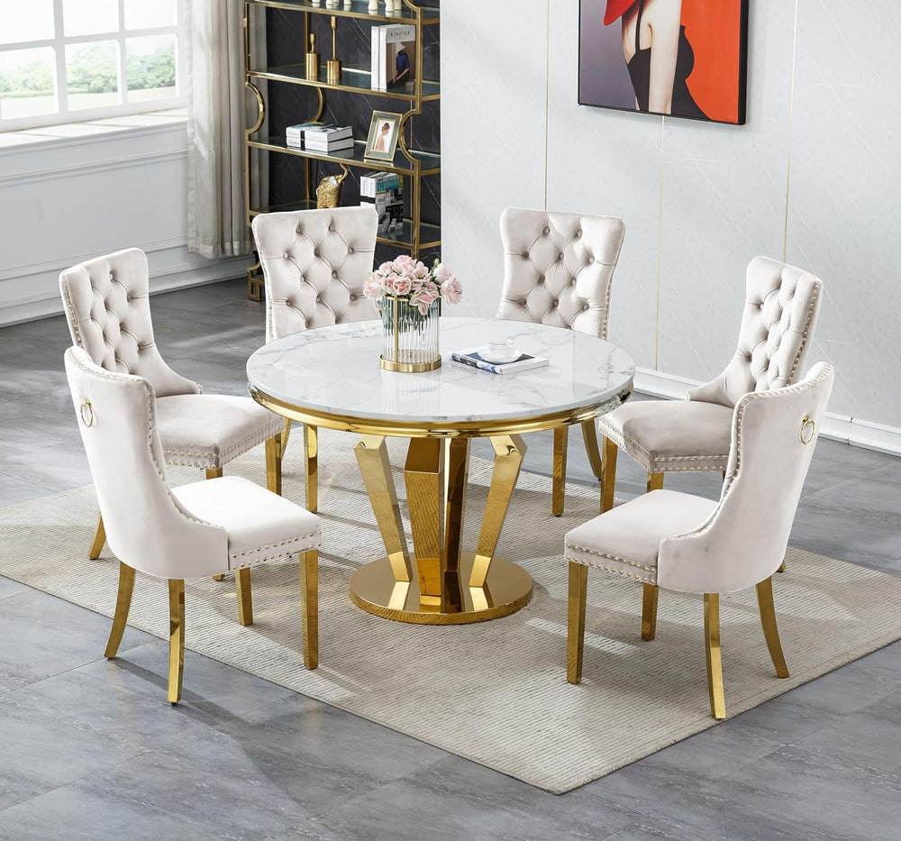 Henf Luxury Round Dining Table for 4-6 White Gold 45" Faux Marble Kitche...