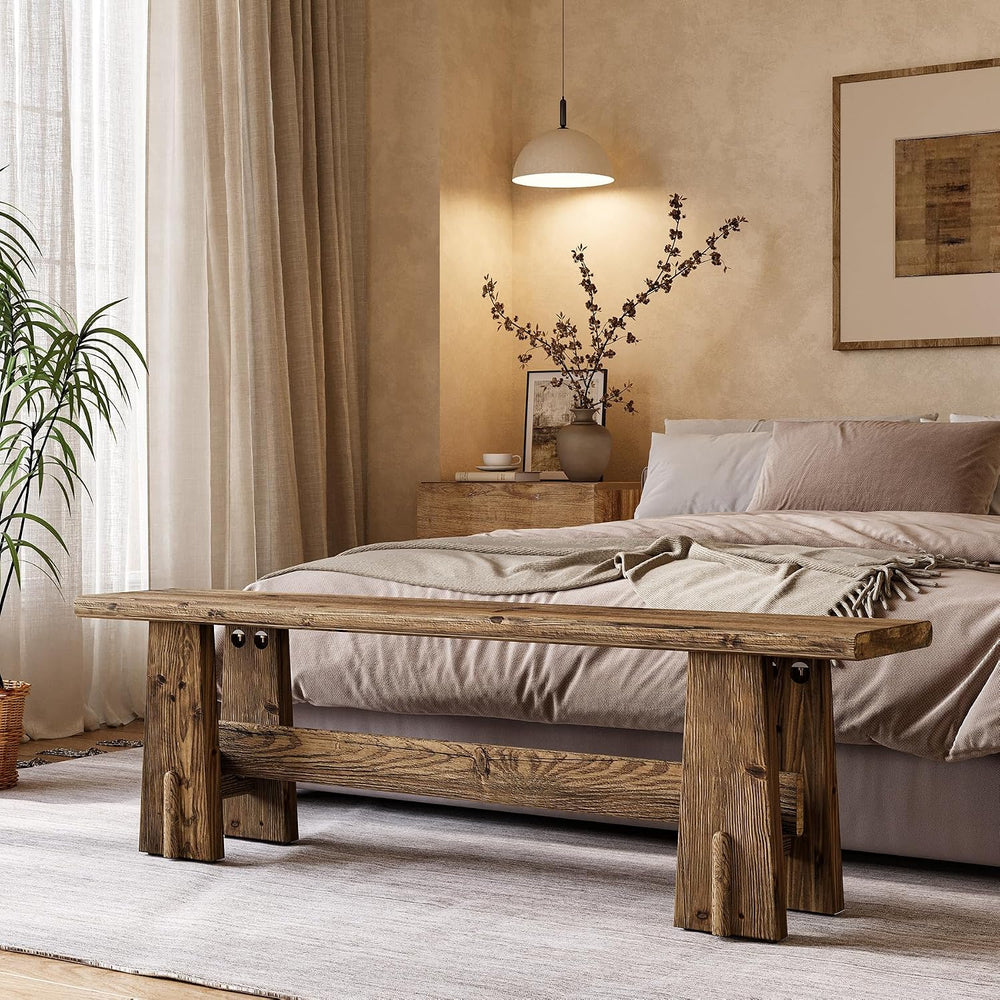 LITTLE TREE 59" Solid Wood Bench, Farmhouse Entryway Bench, Long Retro B...
