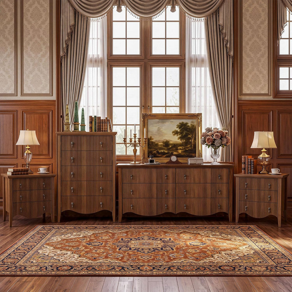 4-Piece Farmhouse Bedroom Set,6+5-Drawer Dresser,2 Nightstands,Walnut