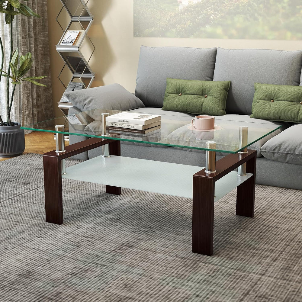 IANIYA Rectangle Glass Coffee Table, Modern Living Room Table with Brown Meta...