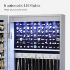 SONGMICS 6 LEDs Mirror Jewelry Cabinet, 47.2-Inch Tall Lockable Wall or Door Mounted Jewelry Armoire Organizer with Mirror, 2 Drawers, Christmas Gift, 3.9 x 14.6 x 47.2 Inches, Gray