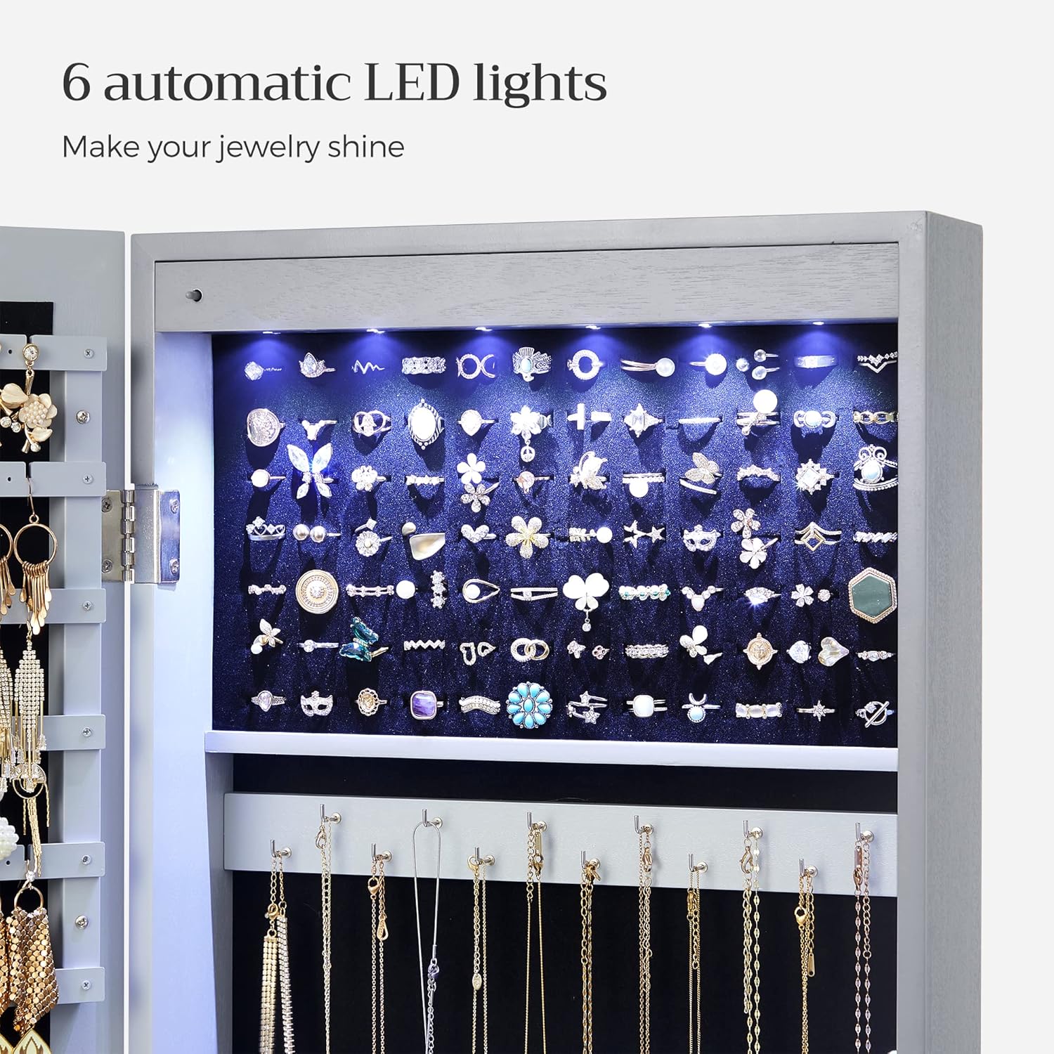 SONGMICS 6 LEDs Mirror Jewelry Cabinet, 47.2-Inch Tall Lockable Wall or Door Mounted Jewelry Armoire Organizer with Mirror, 2 Drawers, Christmas Gift, 3.9 x 14.6 x 47.2 Inches, Gray