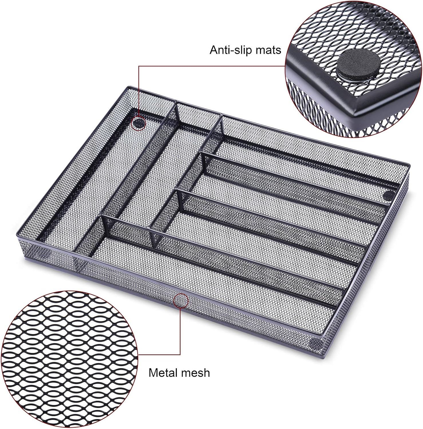 WuGeShop Desk Drawer Organizer with 6 Compartments, Mesh Drawer Organizer Tray for Stationery, Office Supplies Desktop Storage, Black