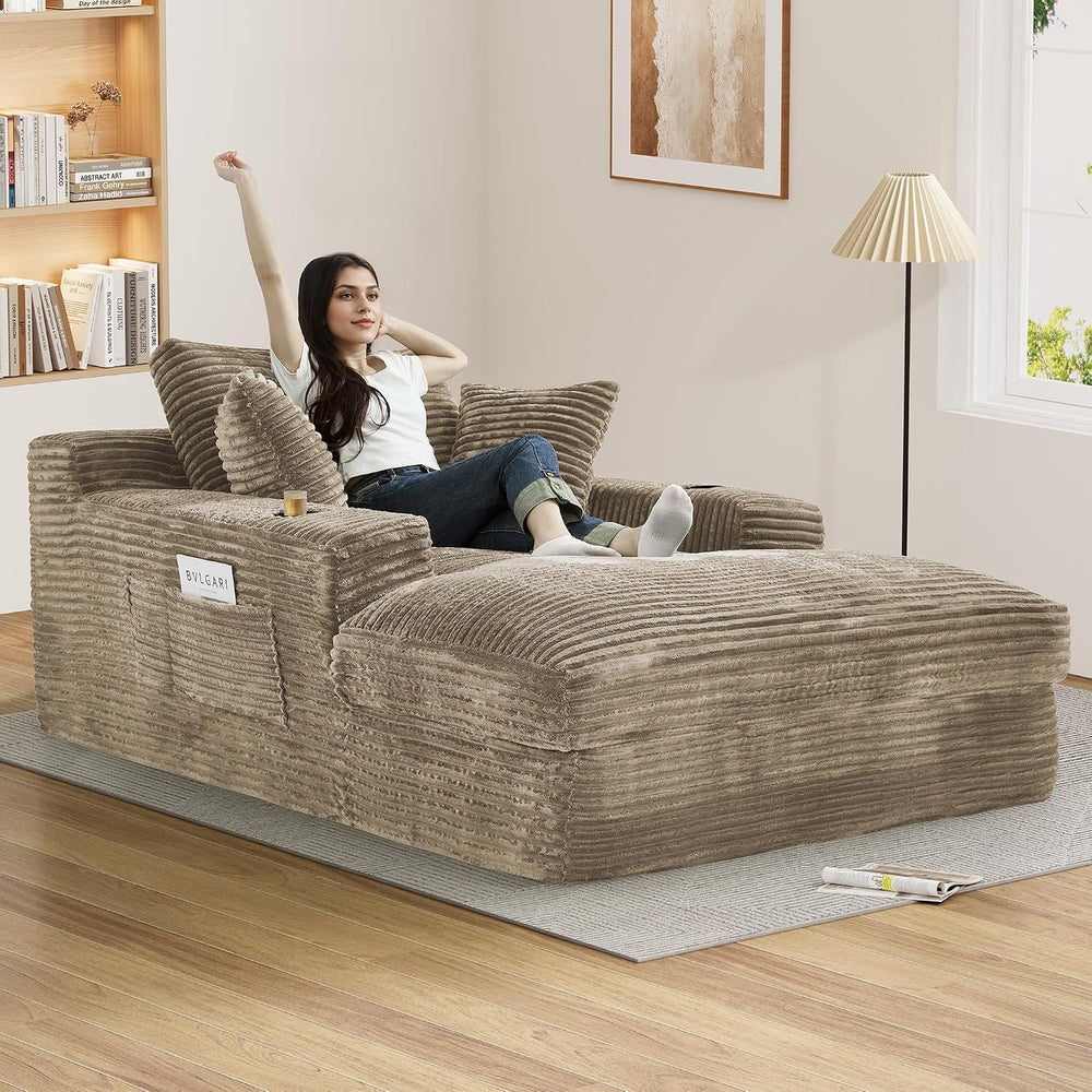 75.9"D Oversized Chaise Lounge Chair Indoor with Cup Holders,Dark Camel ...