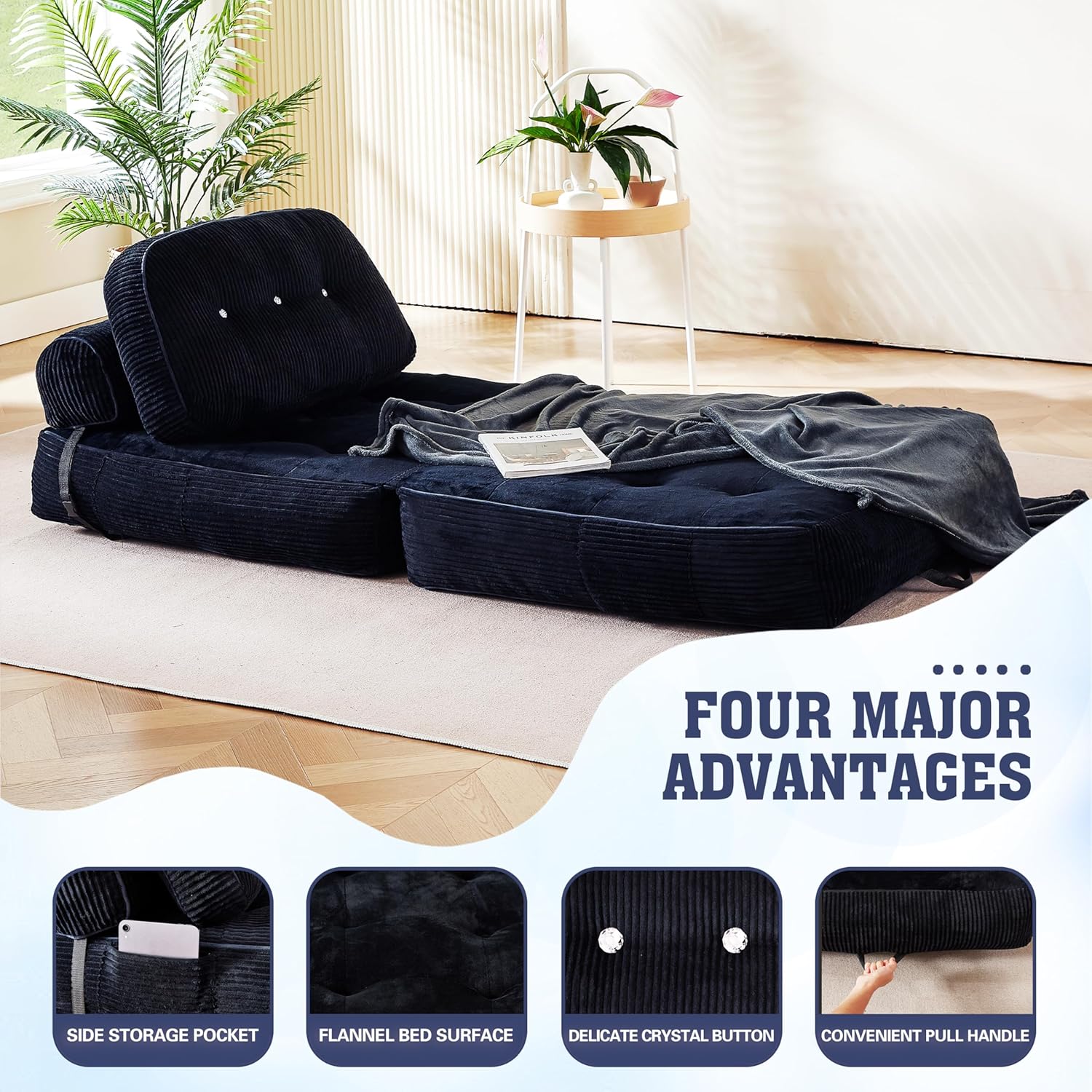 Folding Sofa Bed, Flannel Futon Couch Bed with Pillow and Blanket, Convertible Sleeper Chair for Small Space Apartment Guest Room, Black
