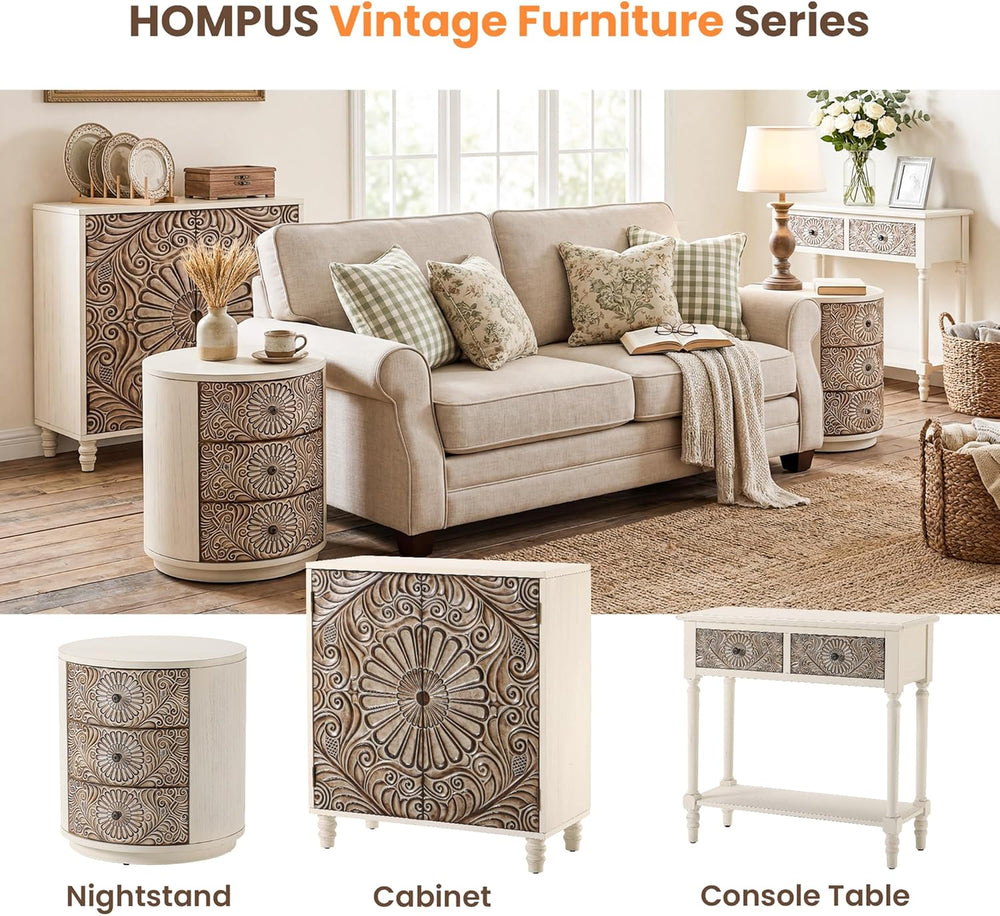 HOMPUS Round End Table Set 2, Fully Assembled Nightstand w 3 Storage Drawers,...