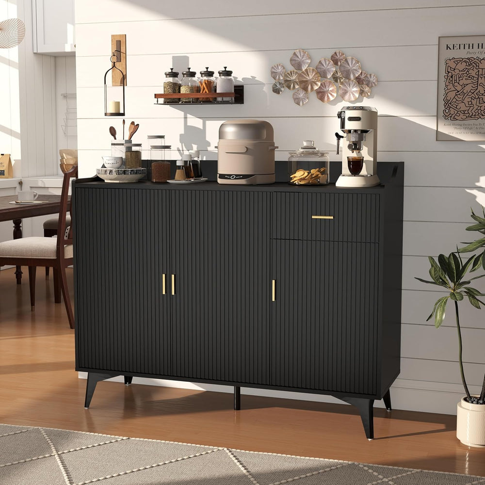 Sideboard Buffet Cabinet with Drawers: 47" Black Fluted Sideboard Cabine...