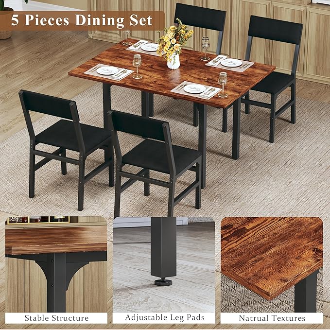 Dining Table Set for 4, Extendable Kitchen Table Cushion Chairs Set of 4, Rectangle Dining Table with Metal Frame & MDF Board, Folding for Small Apartment Saving Space, Rustic Brown