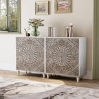 COSIEST Set of 2 32" Buffet Sideboard Cabinets with Storage, Accent Cabinet with Push-to-Open Doors, Vintage Flower Carved Pinewood Doors, Entryway Console for Living Room, Kitchen, Hallway, Gray