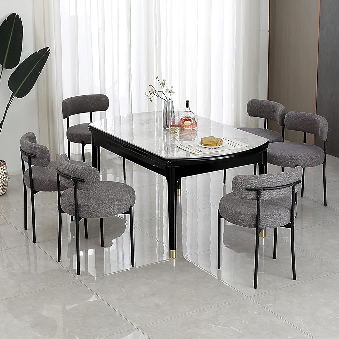 DYHOME Dark Grey Dining Chairs Set of 2, Mid-Century Modern Dining Chairs, Kitchen Dining Room Chairs, Curved Backrest Round Upholstered Boucle Sherpa Dining Chair with Black Metal Legs