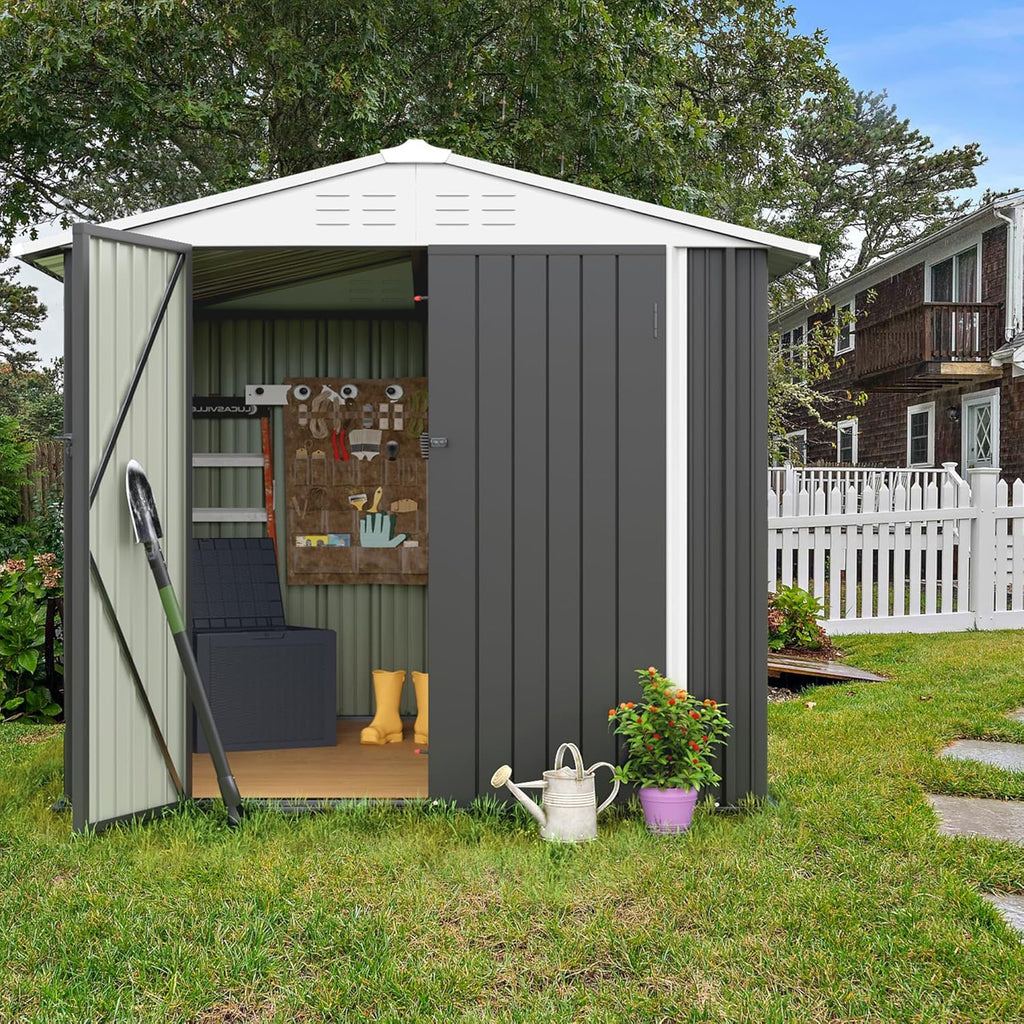 Flamaker 6x8 FT Storage Shed Waterproof Metal Garden Shed with Lockable Door Utility Tool Shed Outdoor Storage for Backyard, Patio and Lawn, Grey