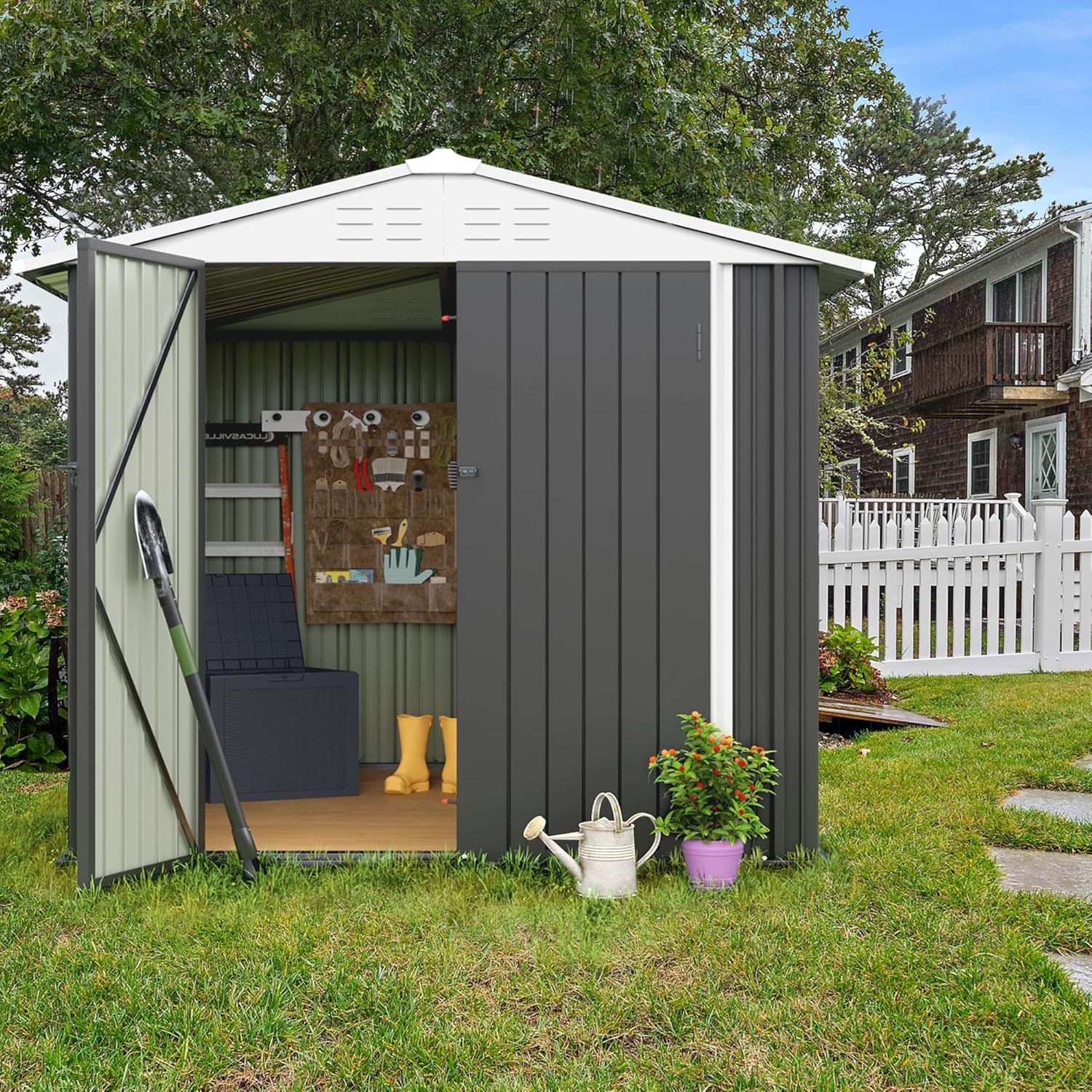 Flamaker 6x8 FT Storage Shed Waterproof Metal Garden Shed with Lockable Door Utility Tool Shed Outdoor Storage for Backyard, Patio and Lawn, Grey