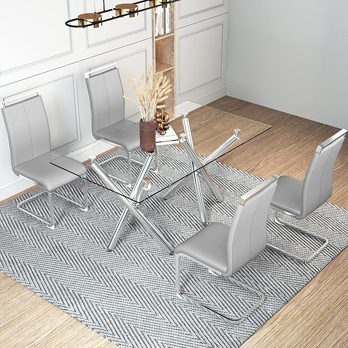 AZmac Modern Leather Dining Chairs Set of 8,Armless Kitchen Chairs,Dining Room Chairs with Upholstered Padded Seat and Sturdy Chrome Legs for Dining Room,Kitchen (Set of 8, Warm Grey)