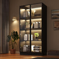 Wooden Display Storage Cabinet with Glass Door, LED Lights,Showcase for Collections, Perfume, Vinyl Albums, Bookcase for Home Office, Living Room, Clinic, Pantry (Black- 4 Layers)