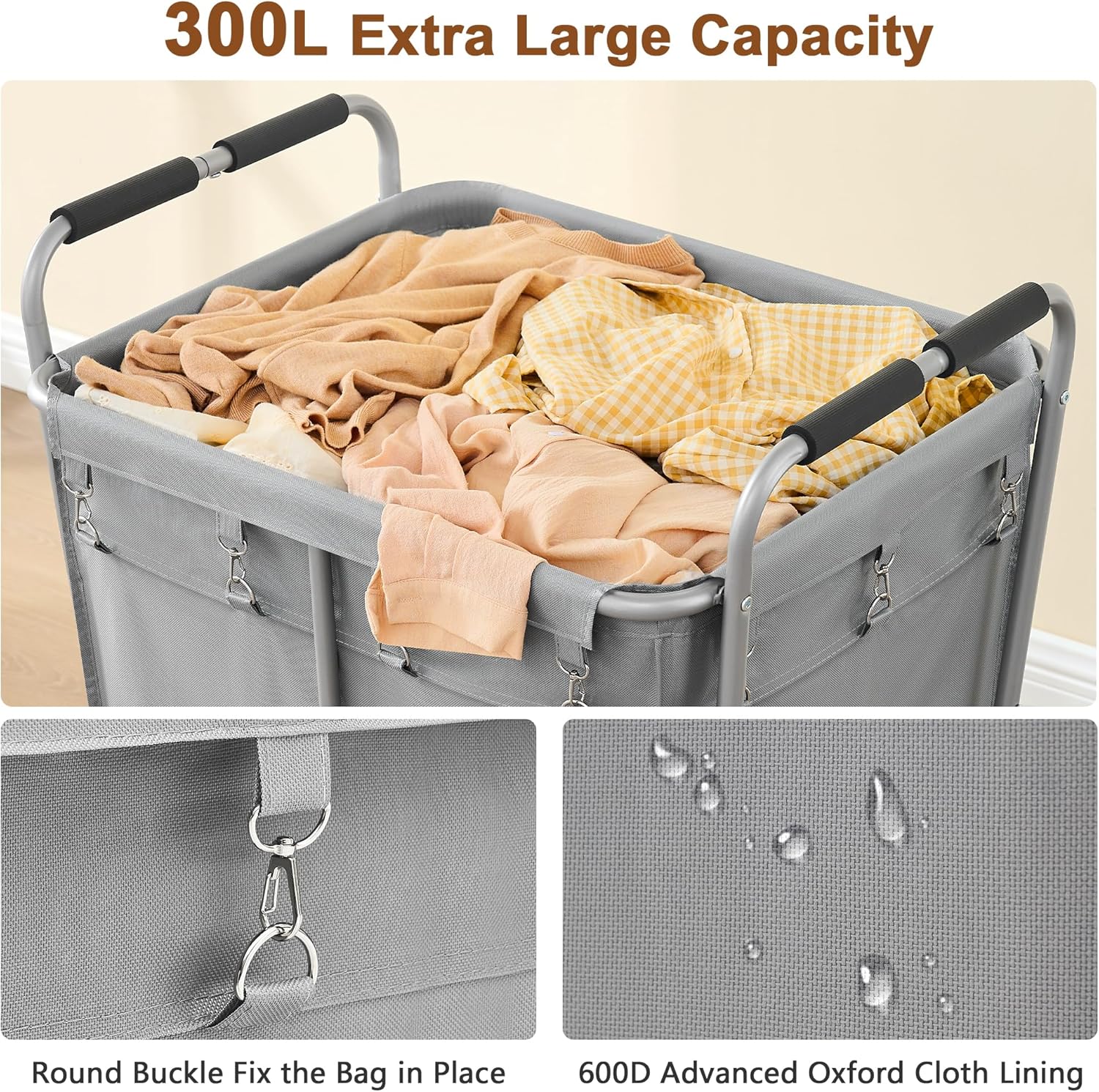 Hoctieon Large Laundry Cart with Wheels, 300L Heavy Duty Laundry Basket Organizer, Rolling Hamper Sorter for Clothes Storage, Industrial Dirty Clothes Hamper for Home & Hotel, Gray
