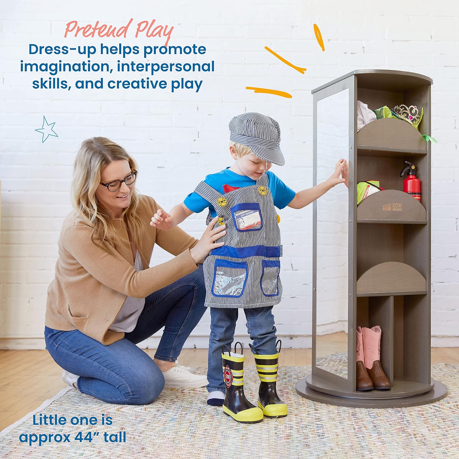 ECR4Kids Rotating Dress-Up Carousel Costume Organizer, Montessori Furniture, Grey Wash