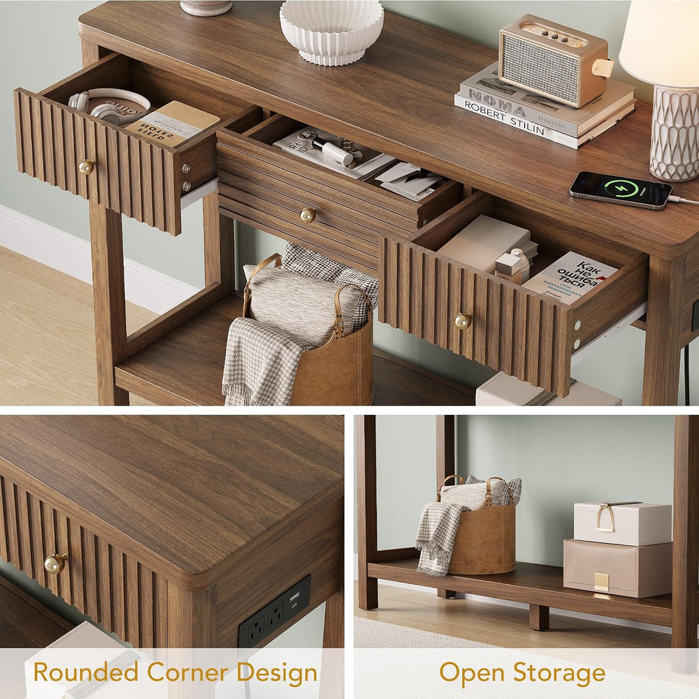Decofy 47'' Fluted Console Table with Charging Station & 3 Drawer...
